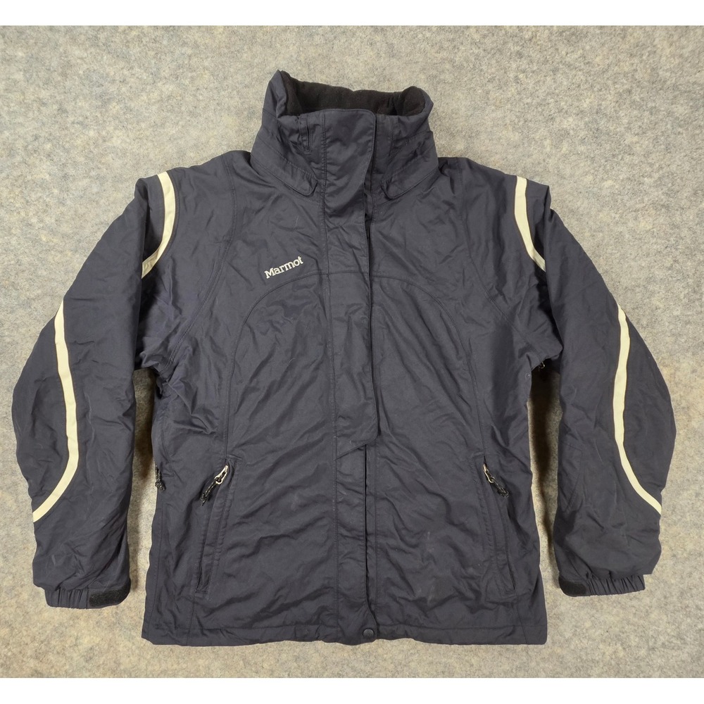 Marmot Womens Insulated Ski Jacket Black Cream Trim Full Zip Winter Coat Size L
